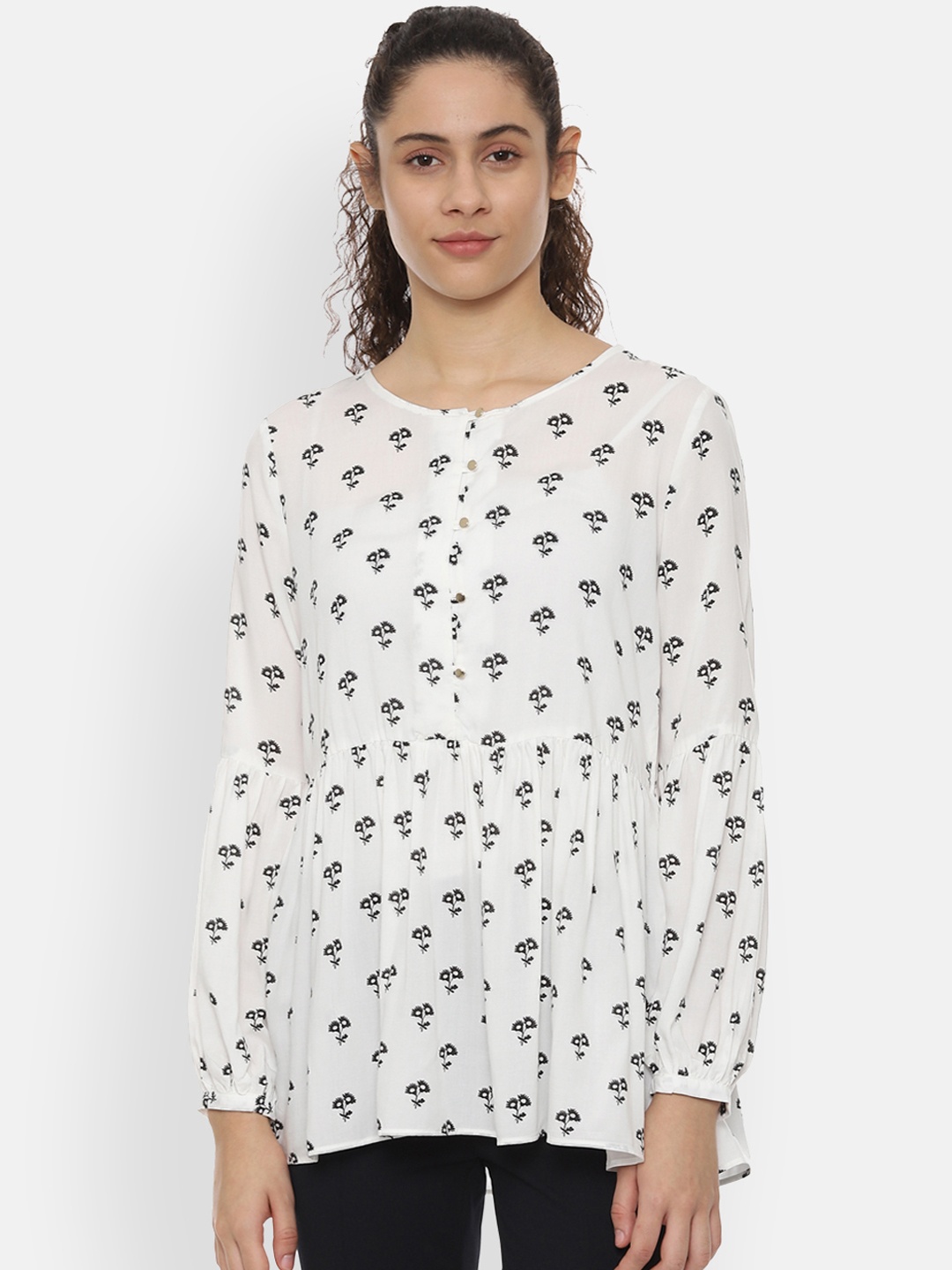 

Van Heusen Woman White & Black Printed A-Line Top with Gathered Detail