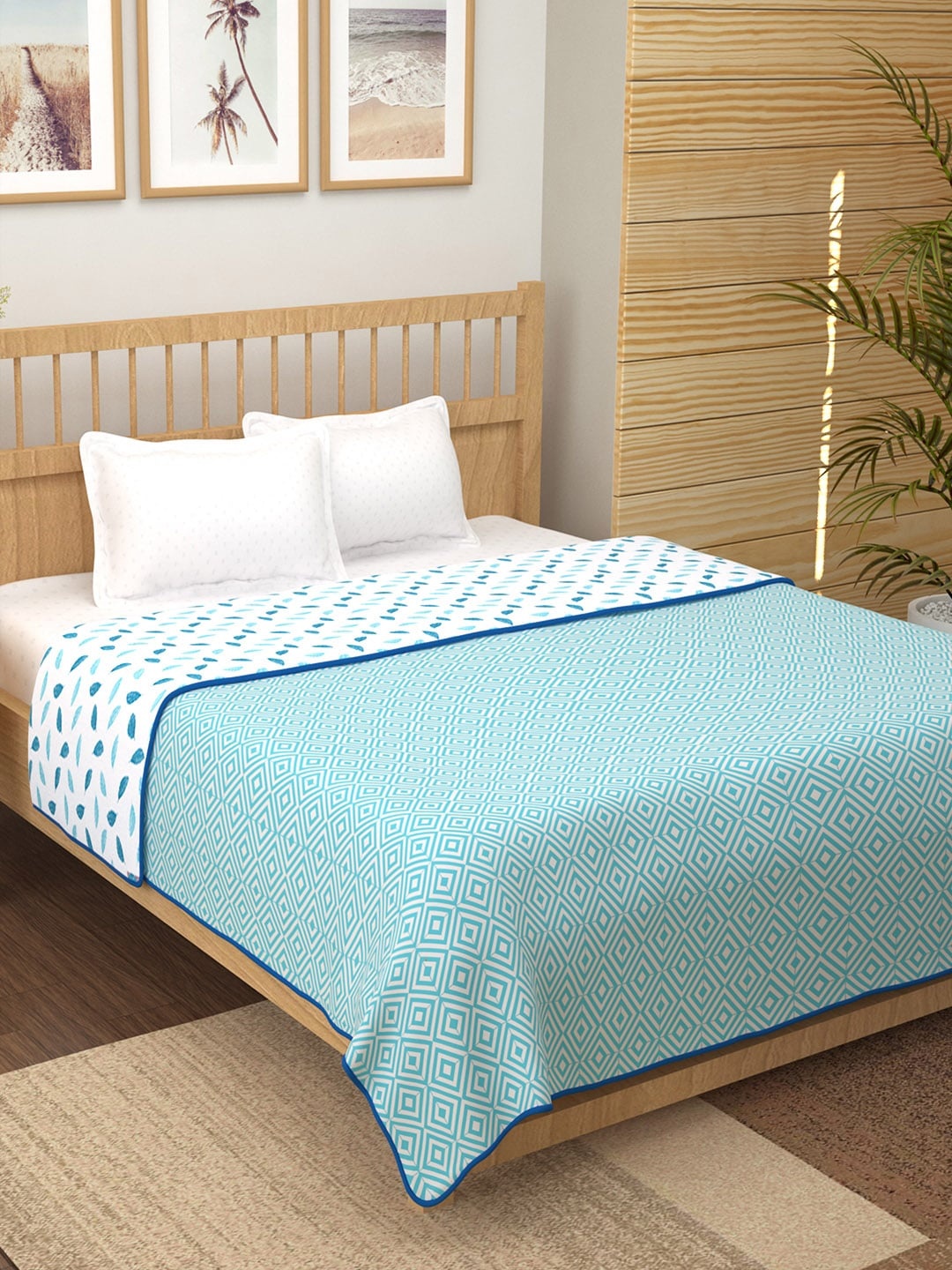 Story@home White & Turquoise Blue Floral Mild Winter 150 GSM Double Bed Dohar