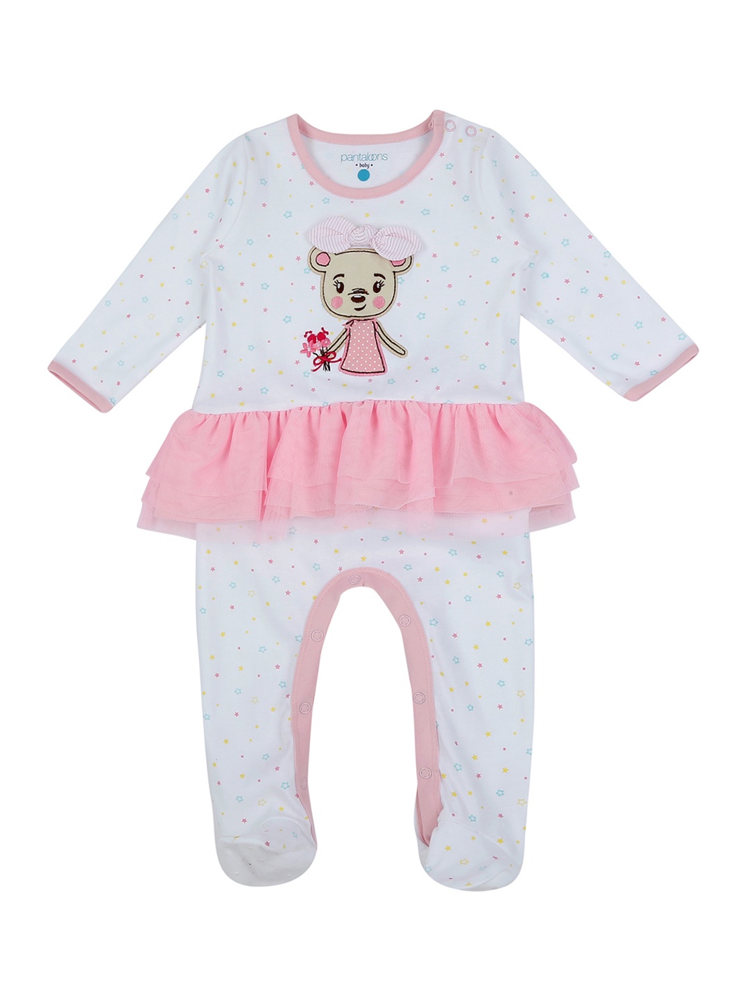 

Pantaloons Baby Infant Girls White & Pink Printed Sleepsuit