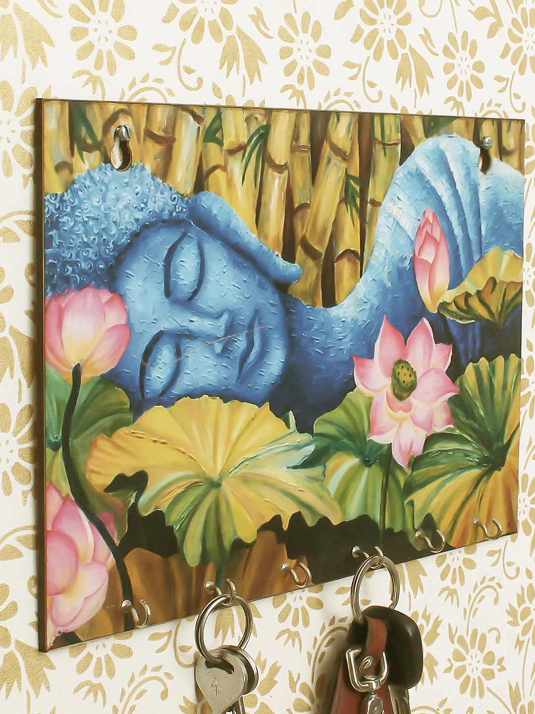 

eCraftIndia Blue & Green Lord Buddha Theme Wooden Key Holder With 6 Hooks