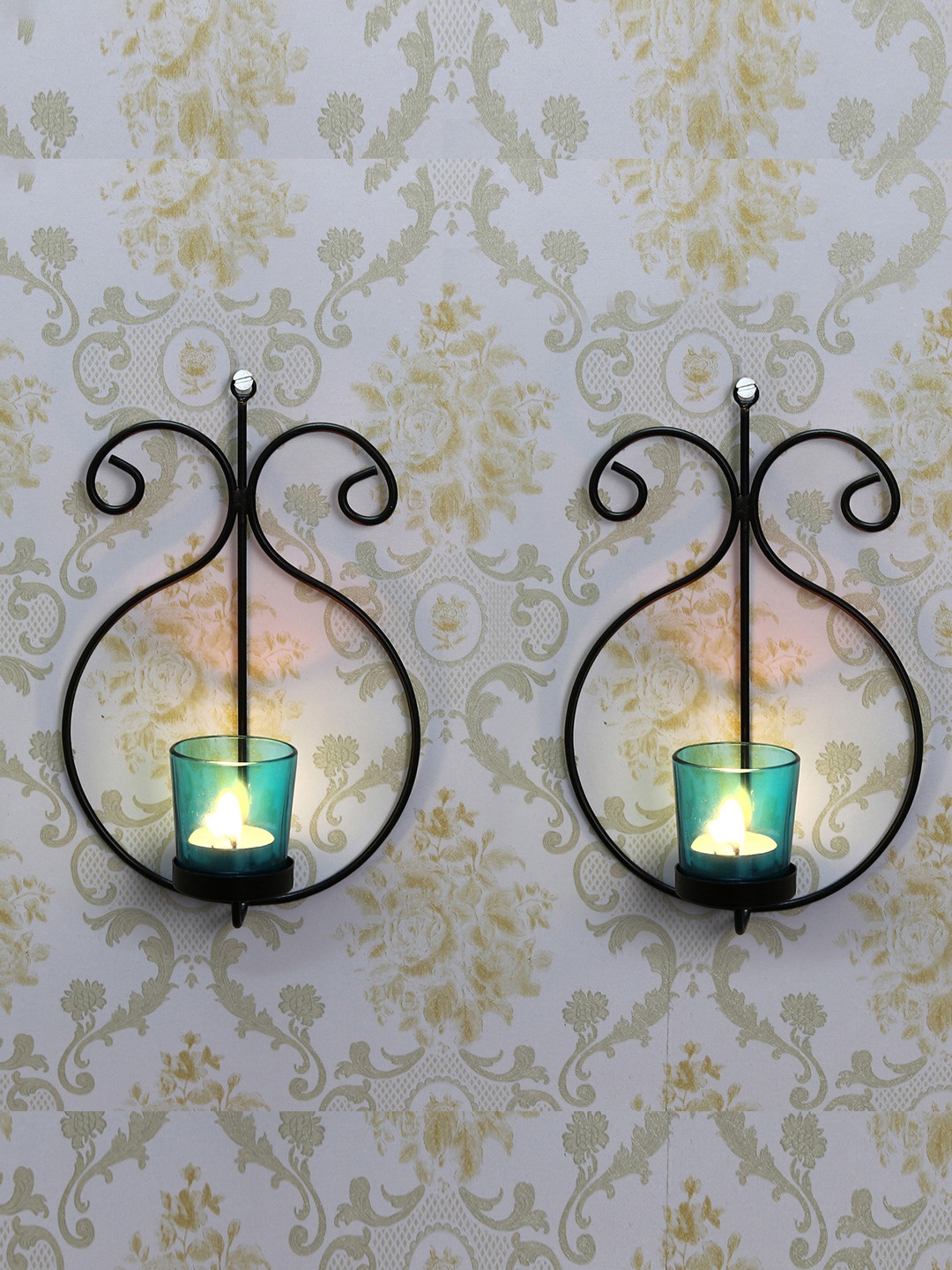 

eCraftIndia Set Of 2 Black and Blue Tea Light Candle Holder with Wall Sconce