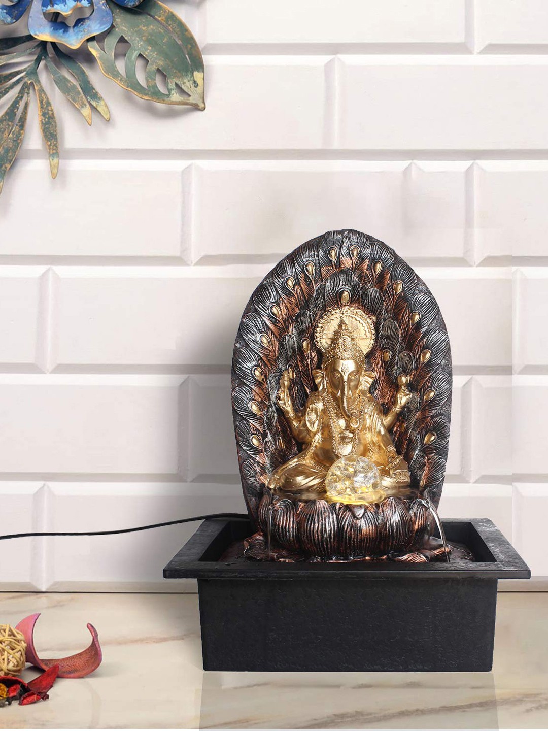 

eCraftIndia Gold-Toned & Grey Polyresin Ganesha Water Fountain With Led Lights