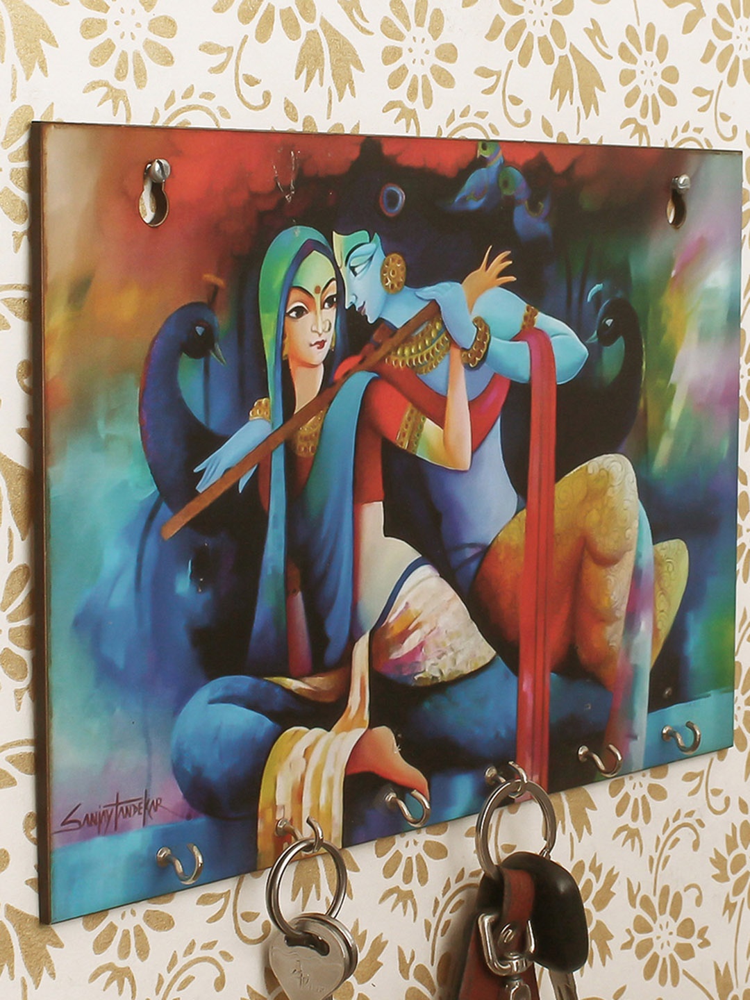 

eCraftIndia Blue & Red Radhe Krishna Theme Wooden Key Holder With 6 Hooks