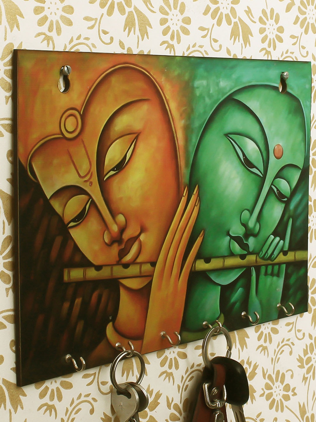 

eCraftIndia Yellow & Green Radhe Krishna Theme Wooden Key Holder With 6 Hooks