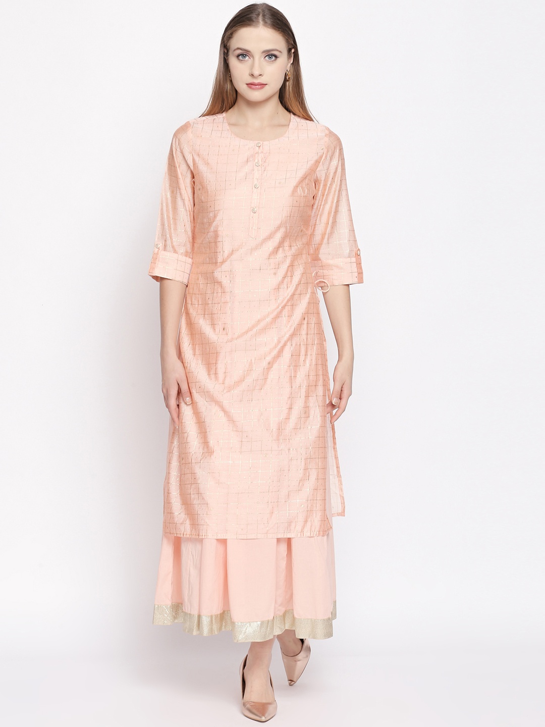 

RANGMANCH BY PANTALOONS Women Peach-Coloured Checked Straight Kurta