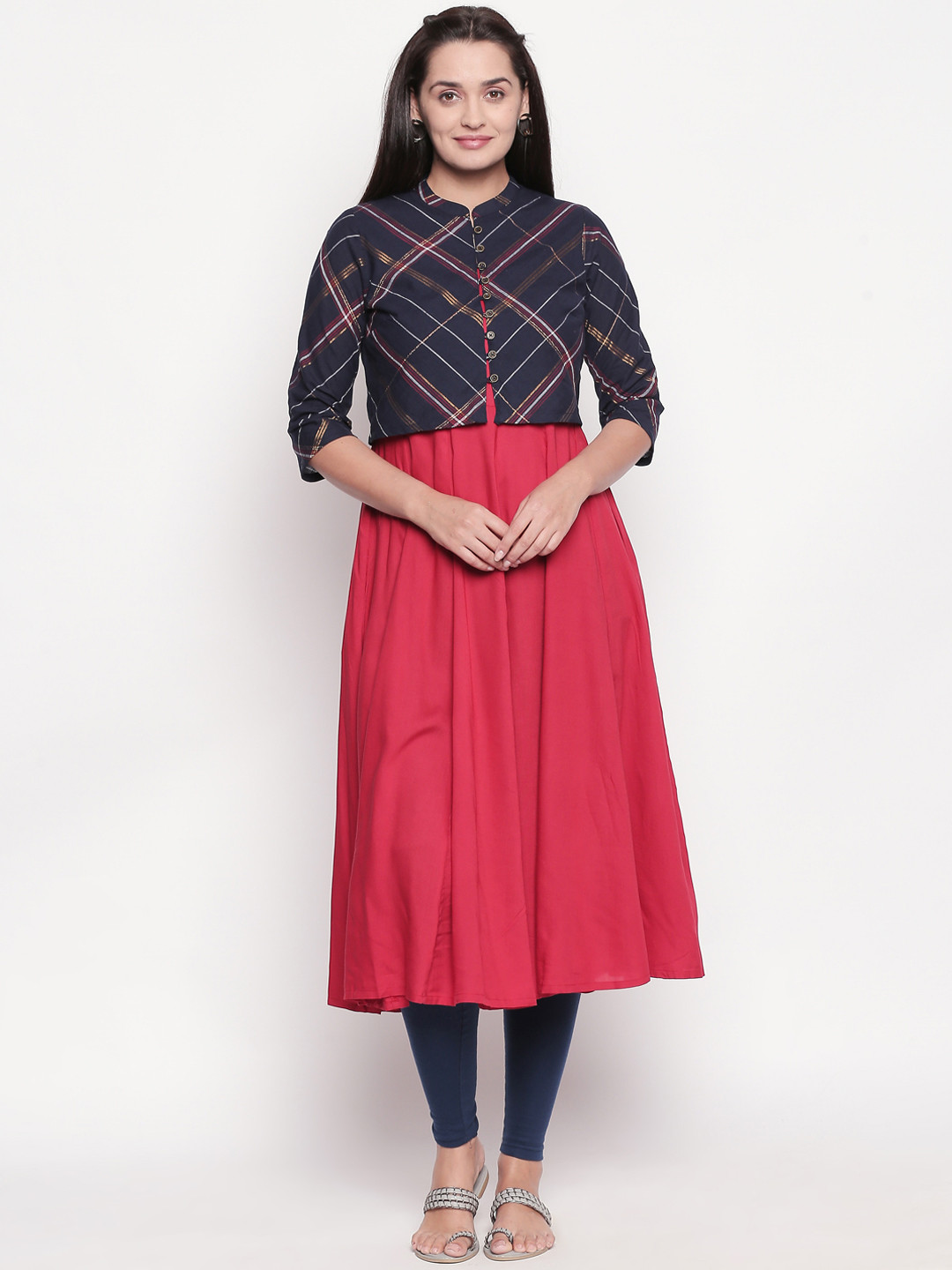 

RANGMANCH BY PANTALOONS Women Blue & Red Checked Anarkali Kurta