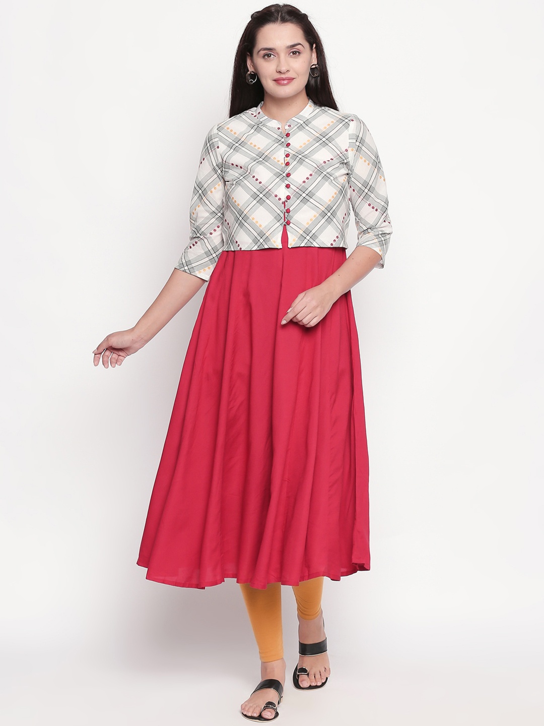 

RANGMANCH BY PANTALOONS Women Red & Grey Checked Anarkali Kurta