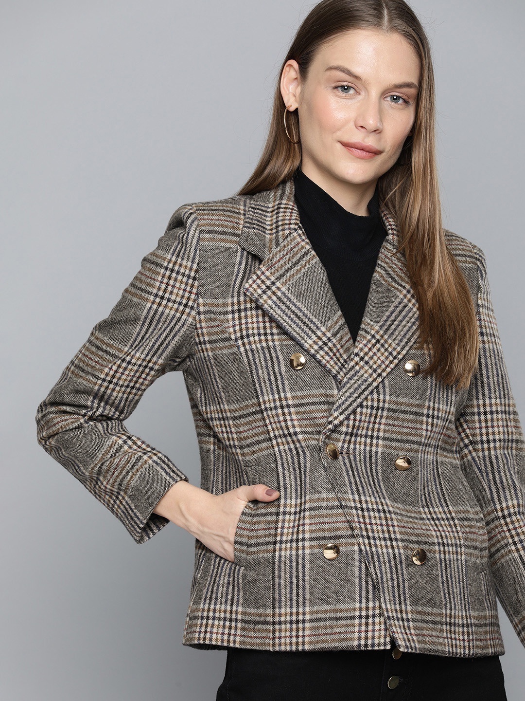 

Chemistry Women Beige & Black Checked Regular Fit Single-Breasted Casual Blazer
