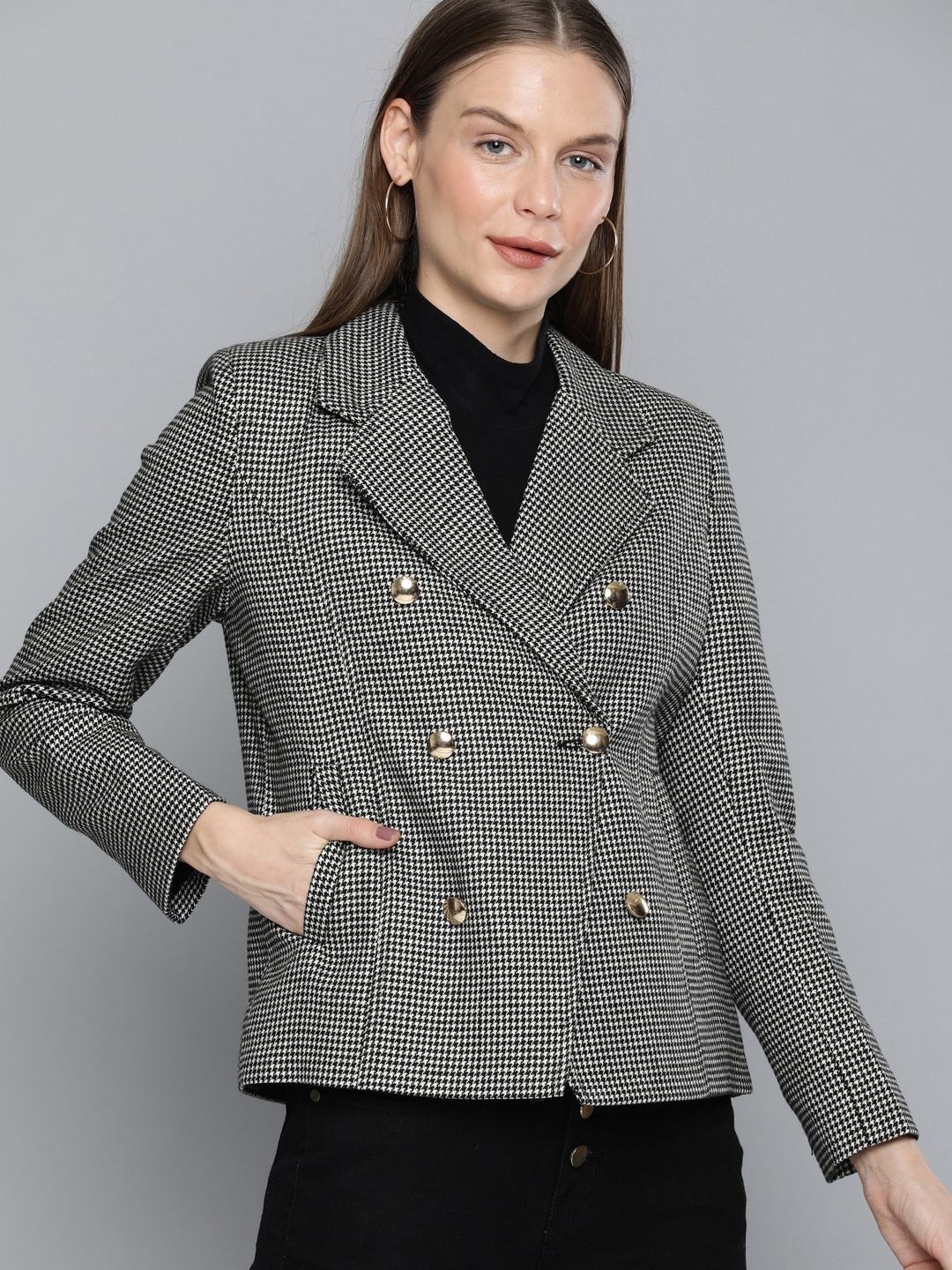 

Chemistry Women Black & White Checked Regular Fit Single-Breasted Casual Blazer