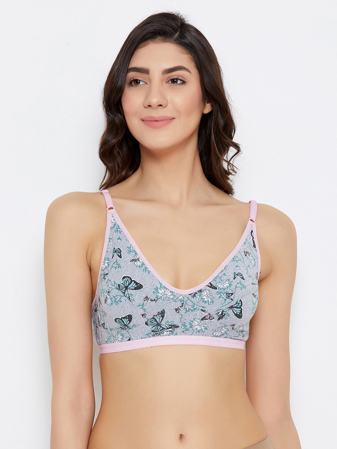 

Clovia Grey Melange & Blue Floral Printed Non-Wired Non Padded Everyday Bra