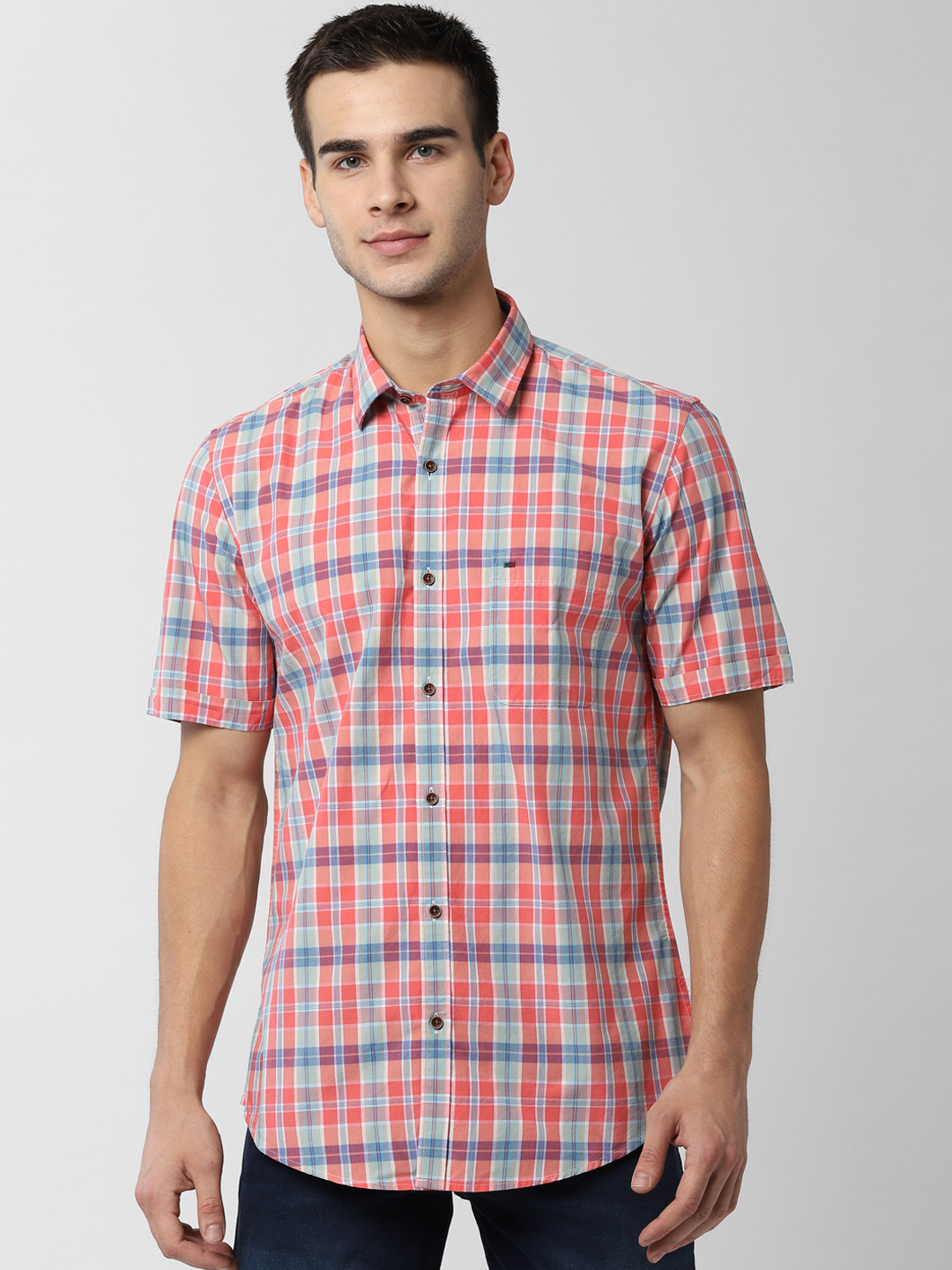 

Peter England Casuals Men Red & Blue Slim Fit Checked Casual Shirt