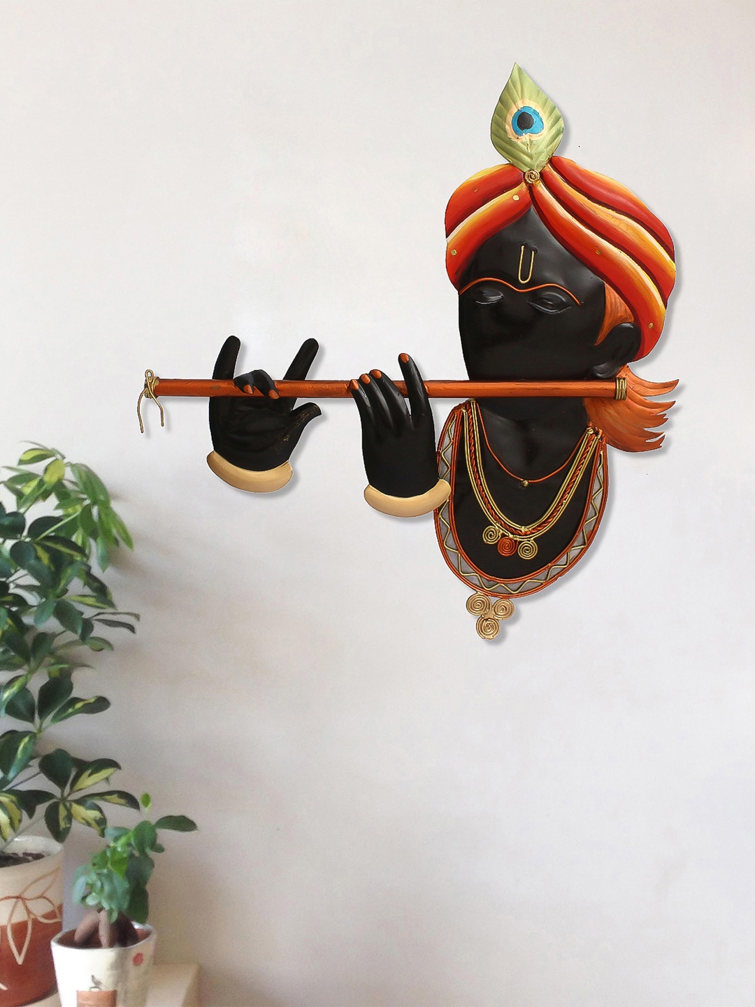 

eCraftIndia Black & Orange Lord Krishna Playing Flute Wall Hanging