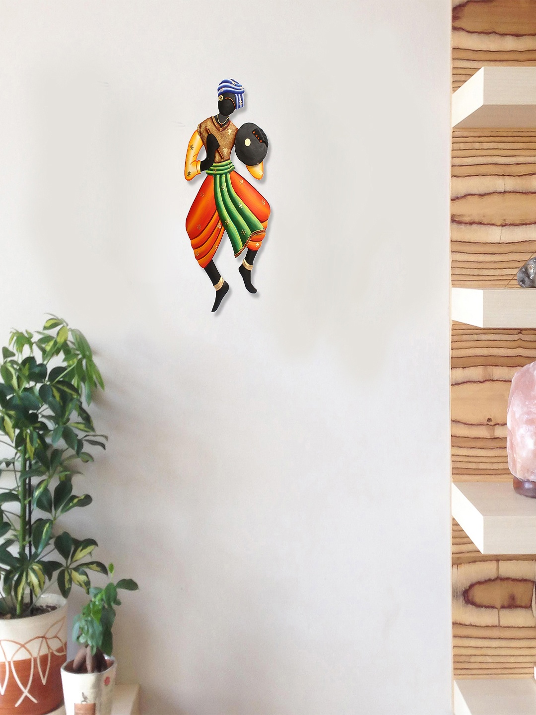 

eCraftIndia Orange & Green Handcrafted Musician Tribal Man Wall Hanging