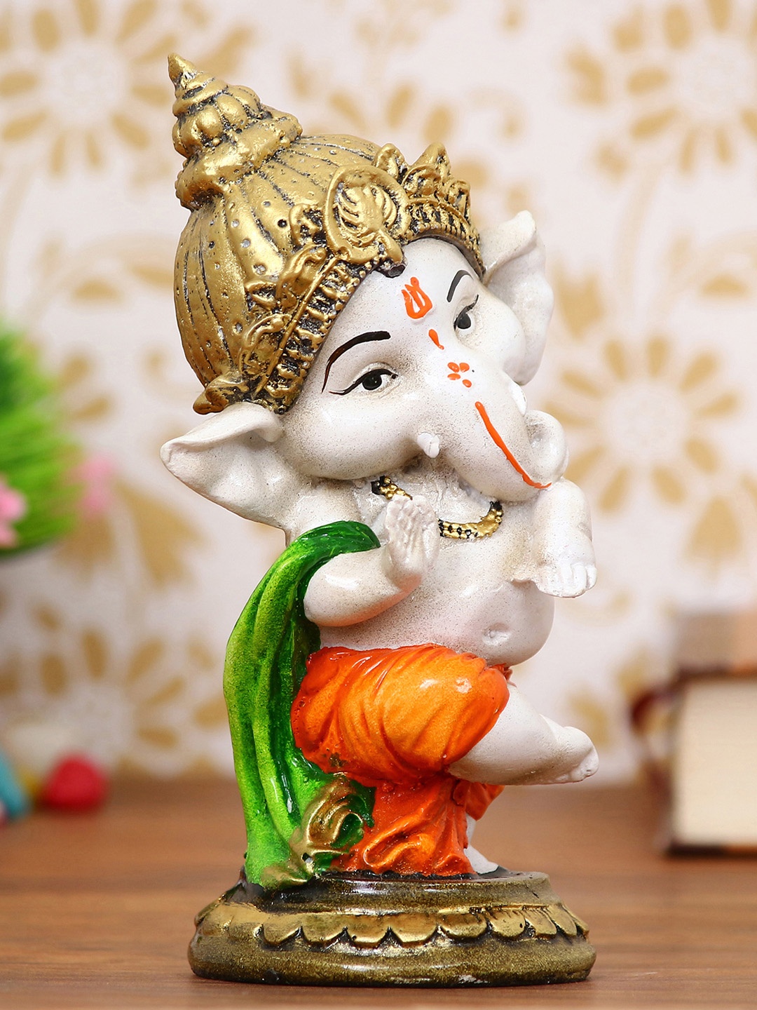 

eCraftIndia White & Orange Handcrafted Lord Ganesha Dancing Avatar idol