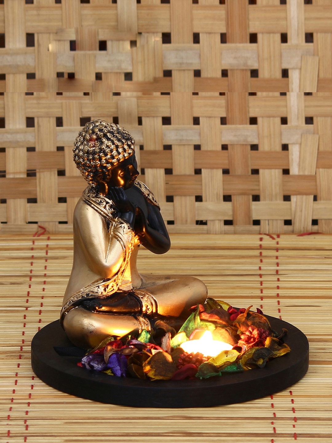 

eCraftIndia Black & Gold-Toned Resting Lord Buddha Idol with Tea Light Holder