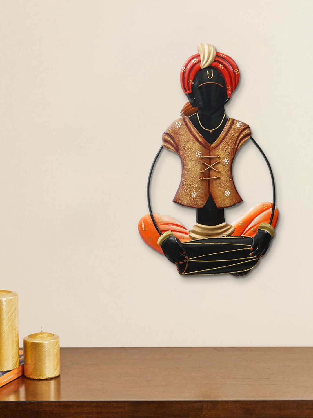 

eCraftIndia Black & Brown Handcrafted Tribal Musician Playing Dholak Wall Decor