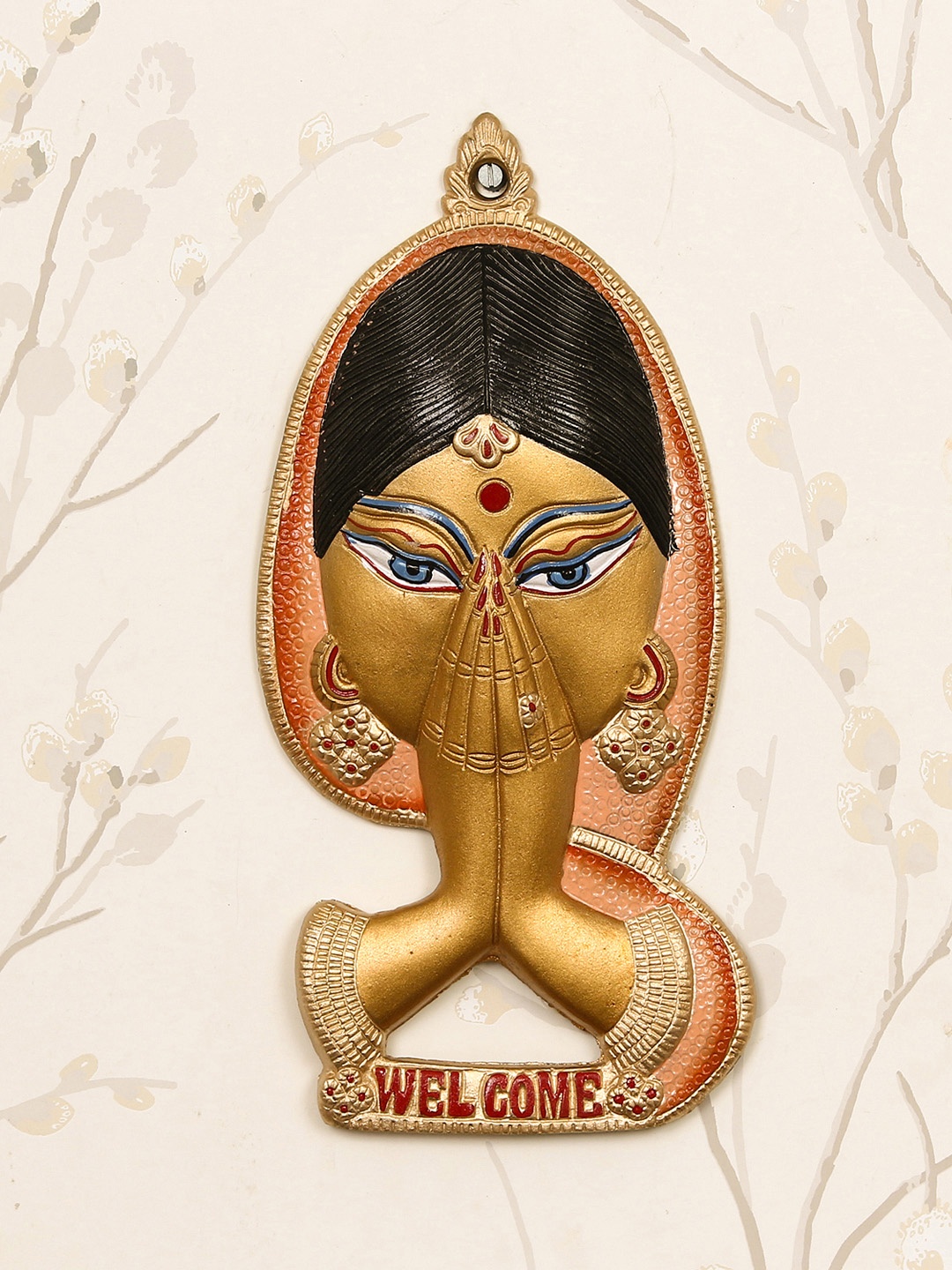 

eCraftIndia Gold-Toned & Peach-Coloured Handcrafted Welcome Lady Wall Decor