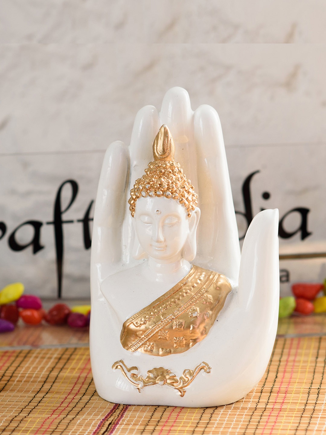 

eCraftIndia White & Gold-Toned Handcrafted Palm Buddha Figurine