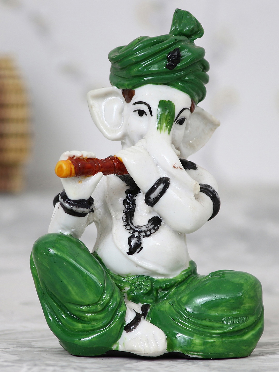 

eCraftIndia Green & White Lord Ganesha Playing Flute Showpiece