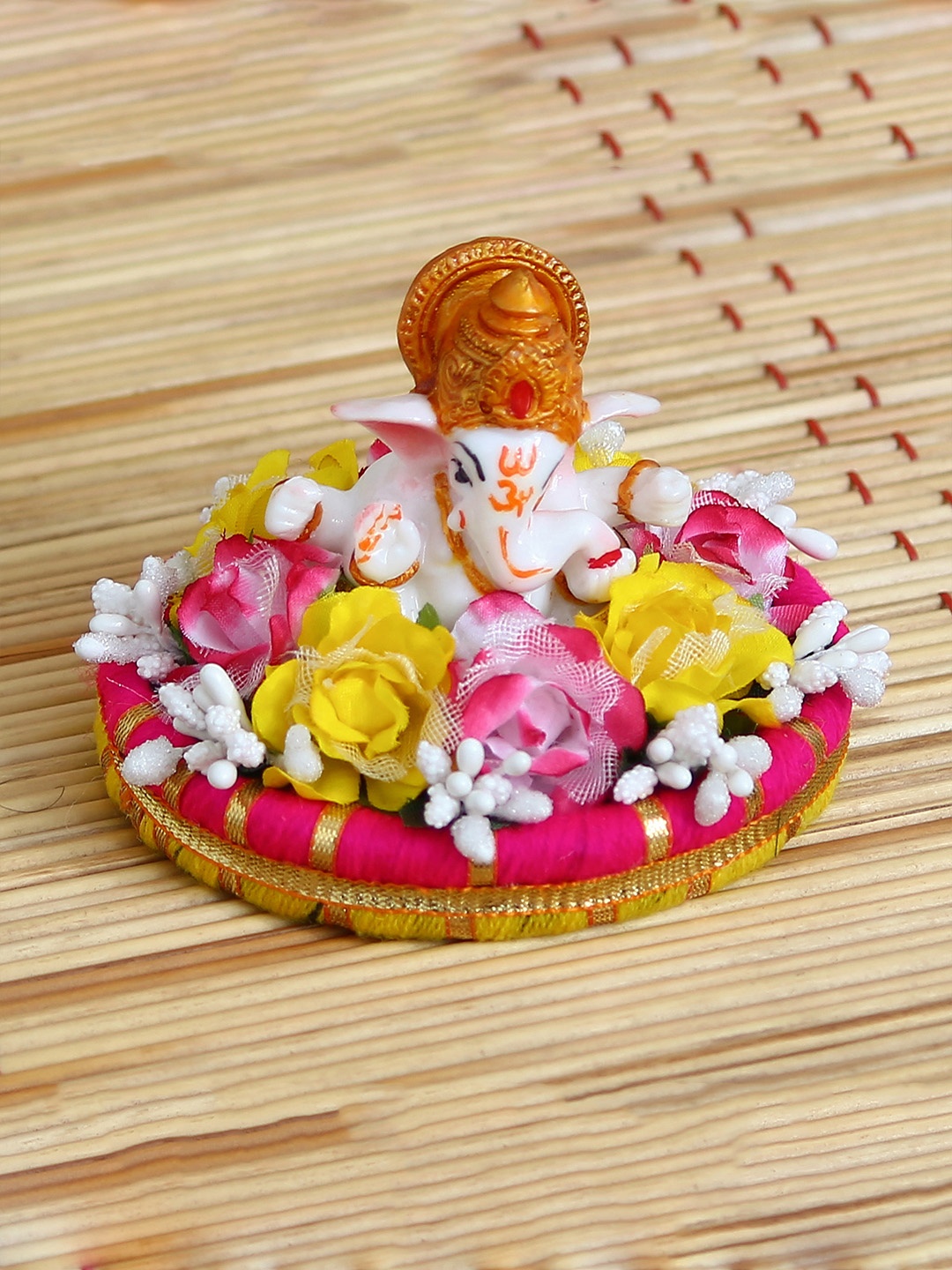 

eCraftIndia Pink & Yellow Handcrafted Lord Ganesha On Plate With Flowers Showpiece