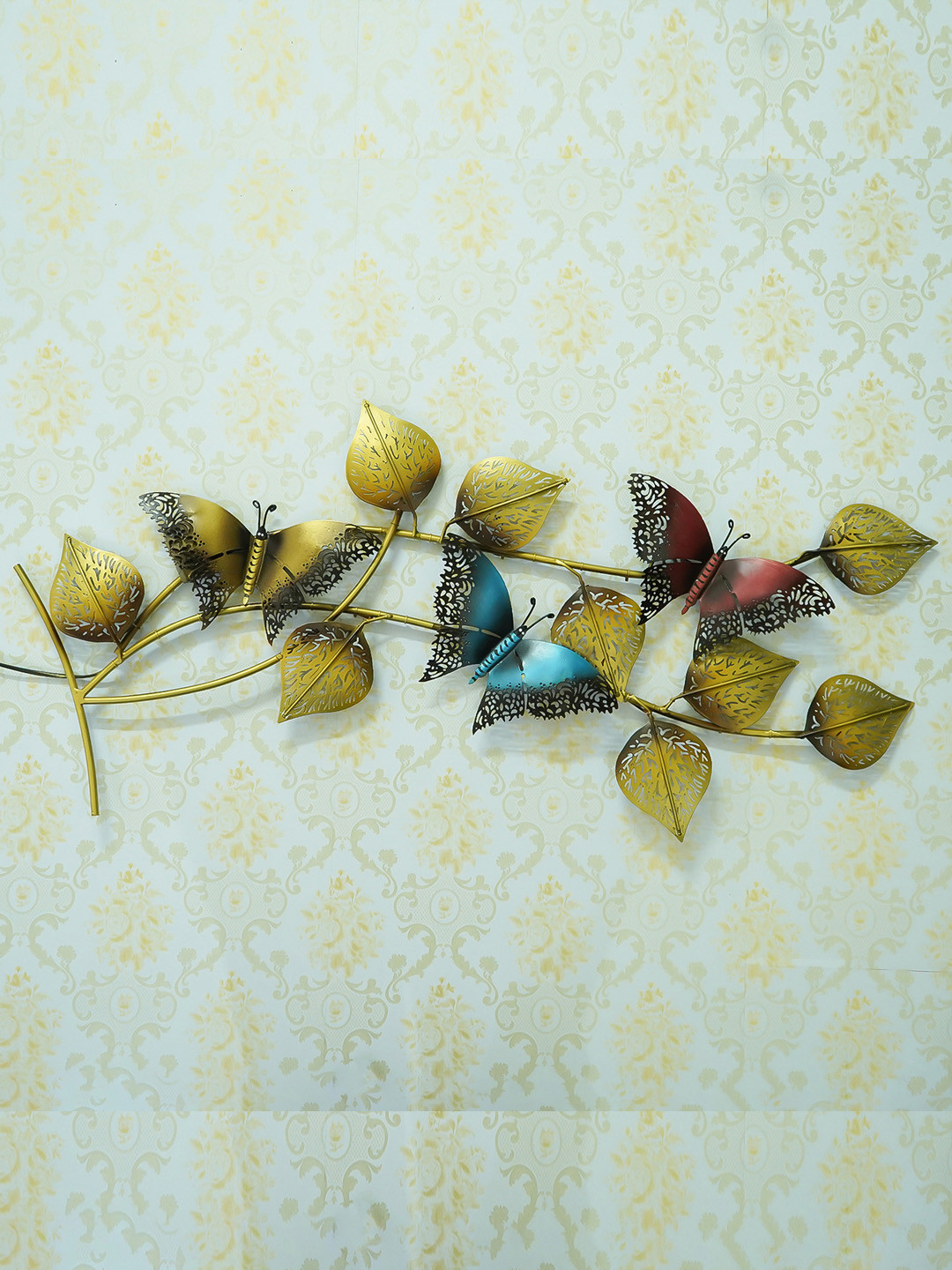 

eCraftIndia Brown & Blue Decorative Leaves & Butterfly Design Handcrafted Iron Wall Hanging With Background LED's