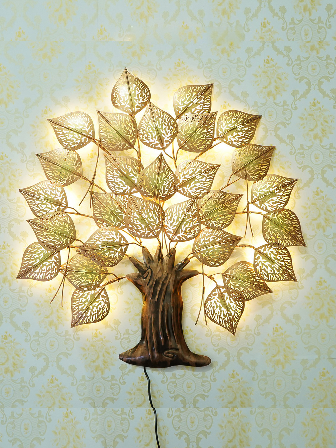 

eCraftIndia Gold-Toned & Brown Handcrafted Leaves Tree Iron Wall Hanging With Background LED