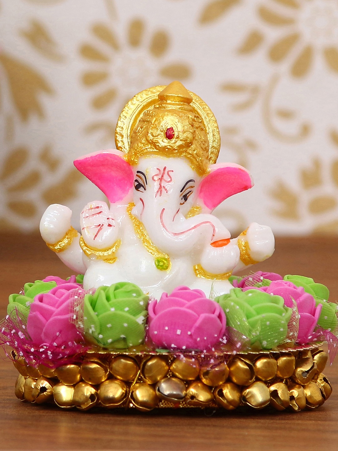 

eCraftIndia Pink & White Lord Ganesha Idol On Decorative Handcrafted Plate With Flowers Showpiece