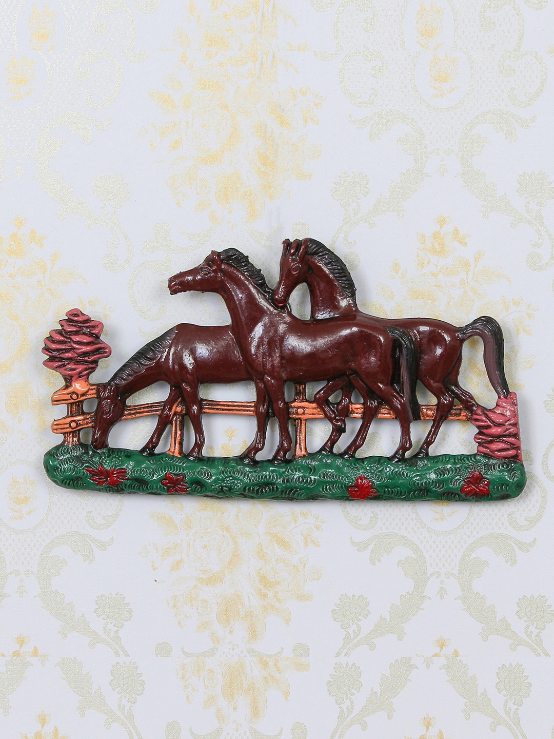 eCraftIndia Brown & Green Set of 3 Horses Decorative Wall Hanging