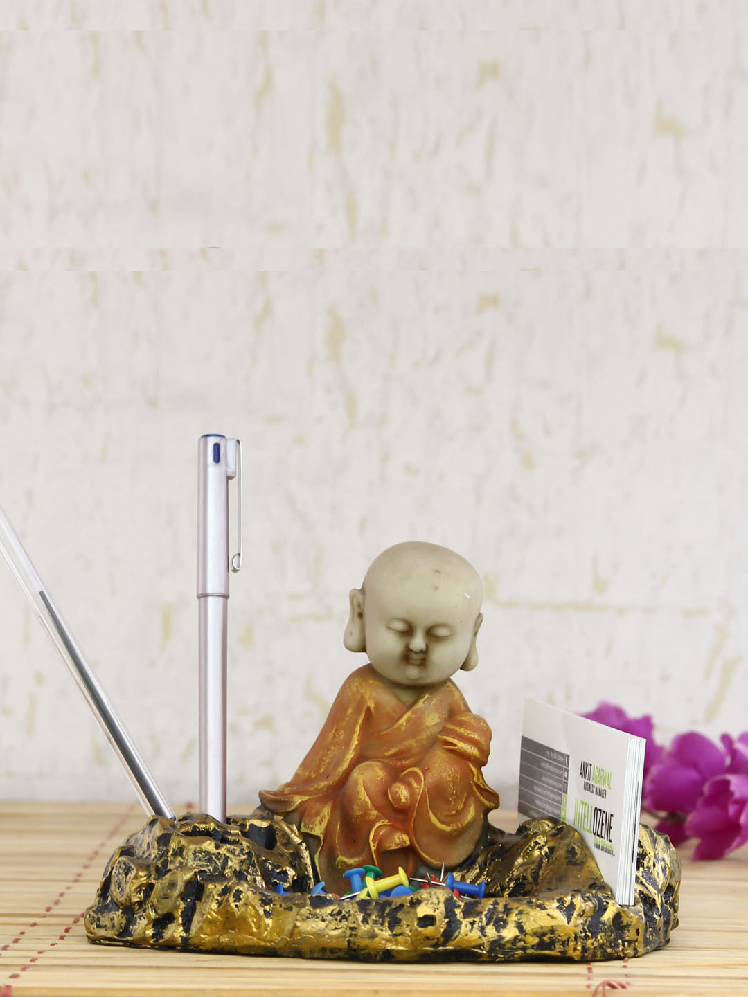 

eCraftIndia Orange & Yellow Handcrafted Pen And Visiting Card Holder Decorative Showpiece