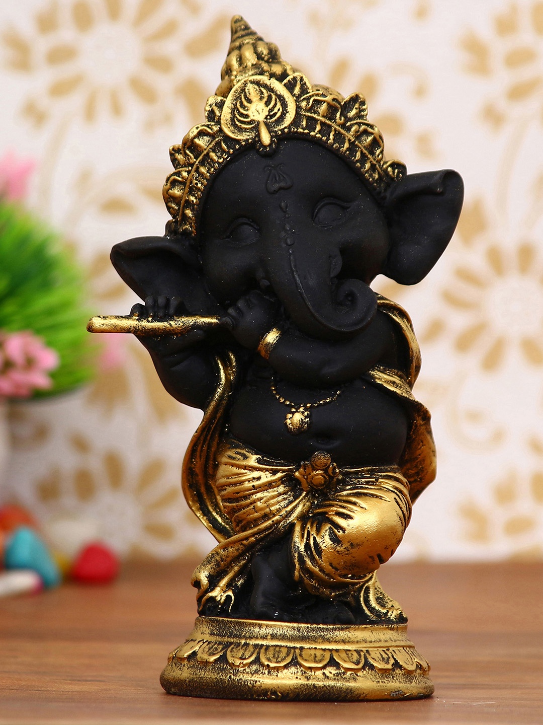 

eCraftIndia Black & Gold-Toned Handcrafted Lord Ganesha Dancing Avatar Showpiece