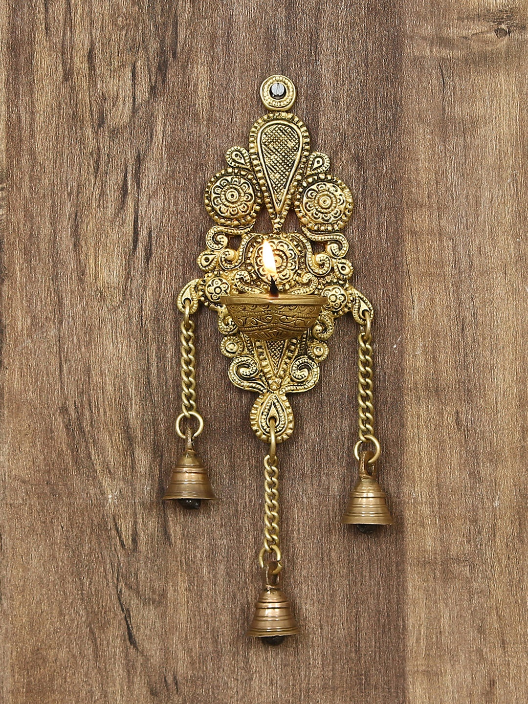 

eCraftIndia Gold-Toned Handcrafted Antique Finish Diya with Bells Decorative Wall Hanging Showpiece