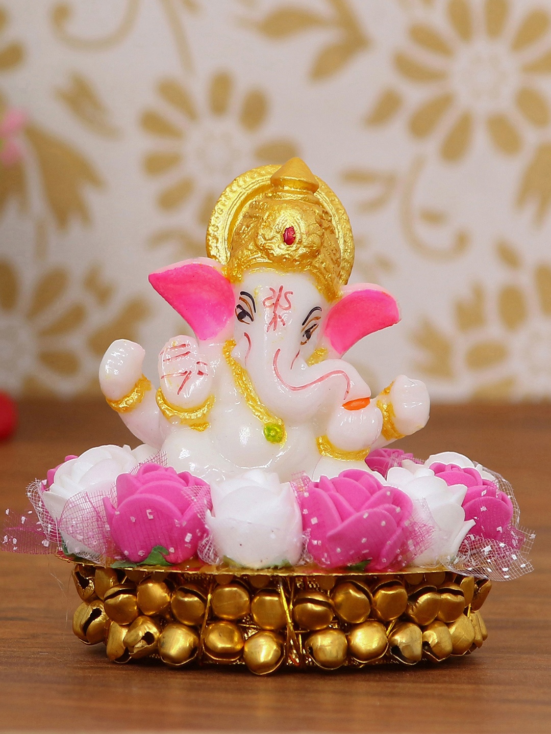 

eCraftIndia White & Pink Handcrafted Lord Ganesha On Plate With Flowers Showpiece