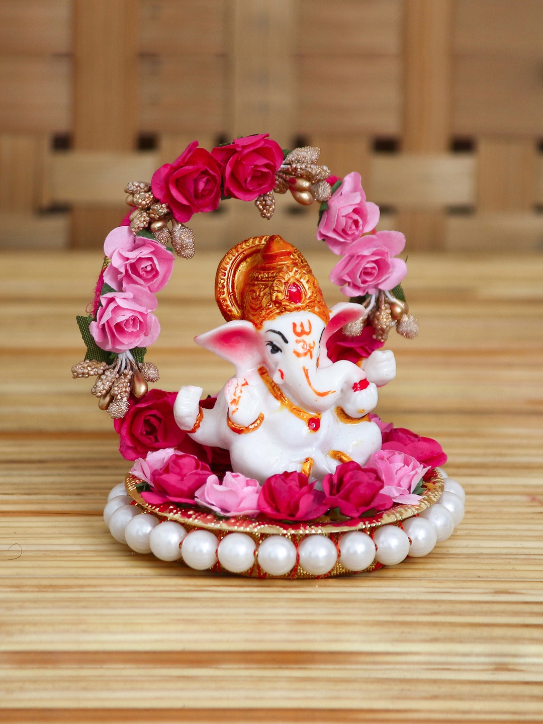 

eCraftIndia White & Red Handcrafted Lord Ganesha On Decorative Plate With Throne Of Flowers Showpiece