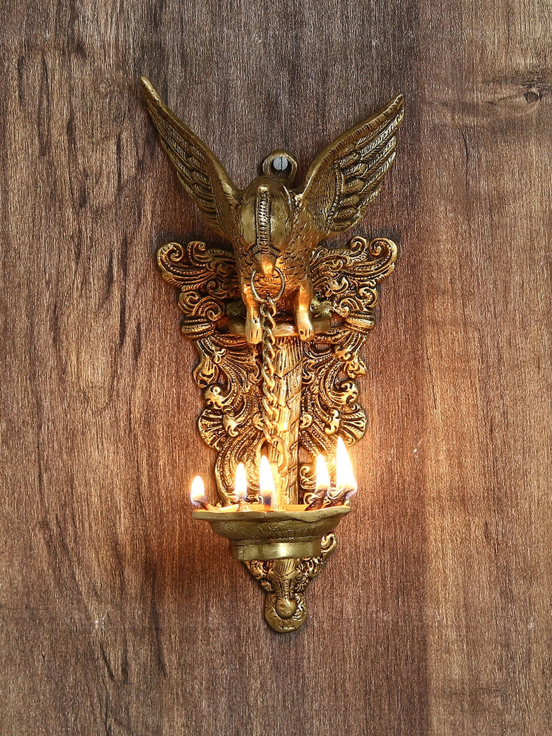 

eCraftIndia Gold-Toned Handcrafted Bird Wall Hanging with Diya for 5 wicks