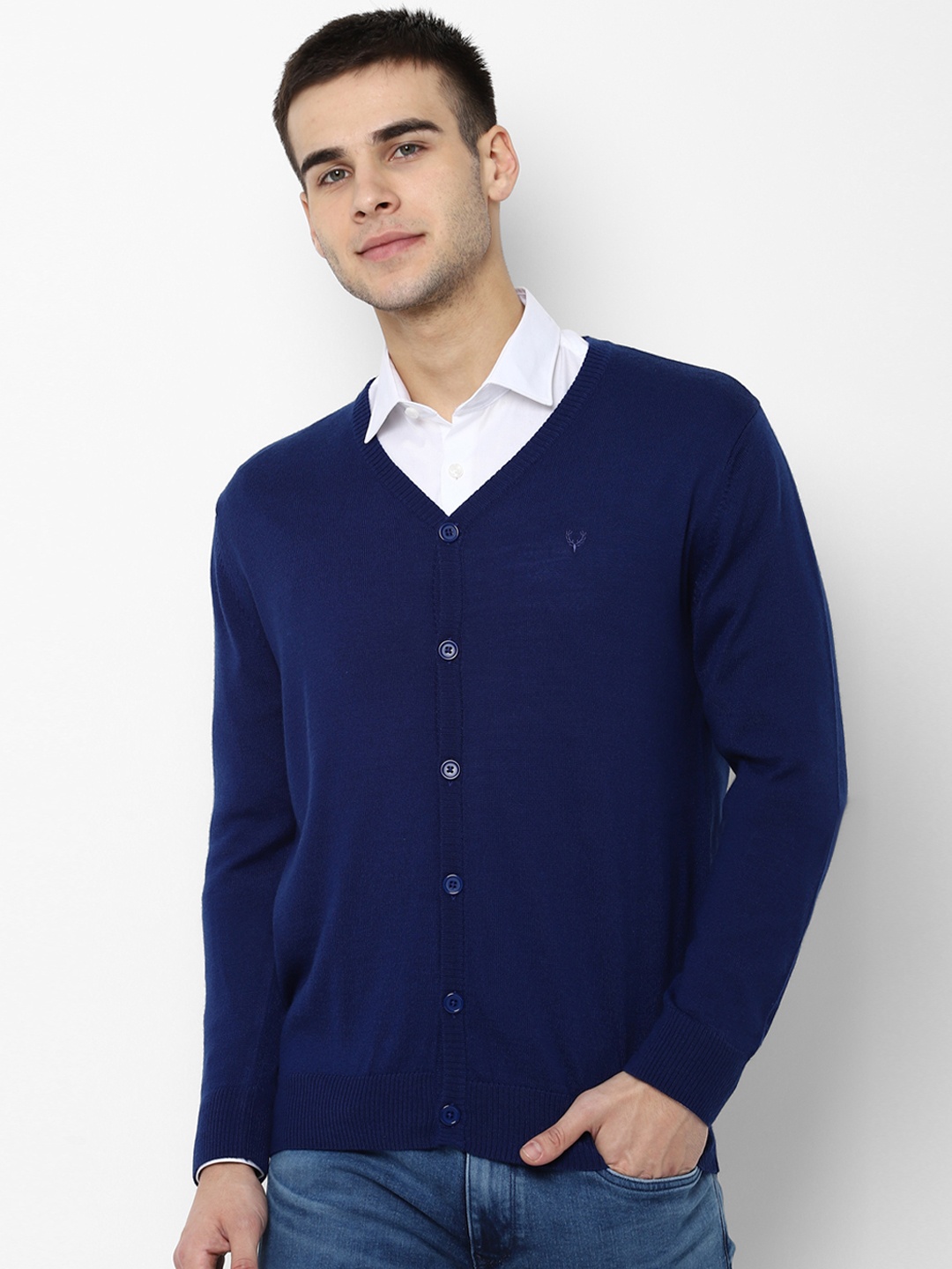 

Allen Solly Men Navy Blue Solid Cardigan Sweater