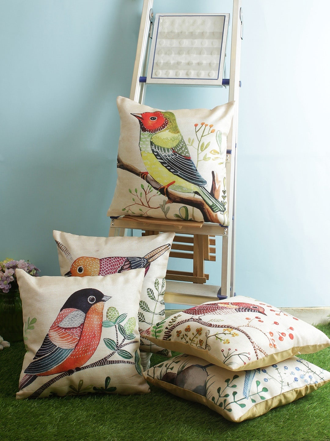 

ROMEE Beige & Green Set of 5 Quirky Square Cushion Covers