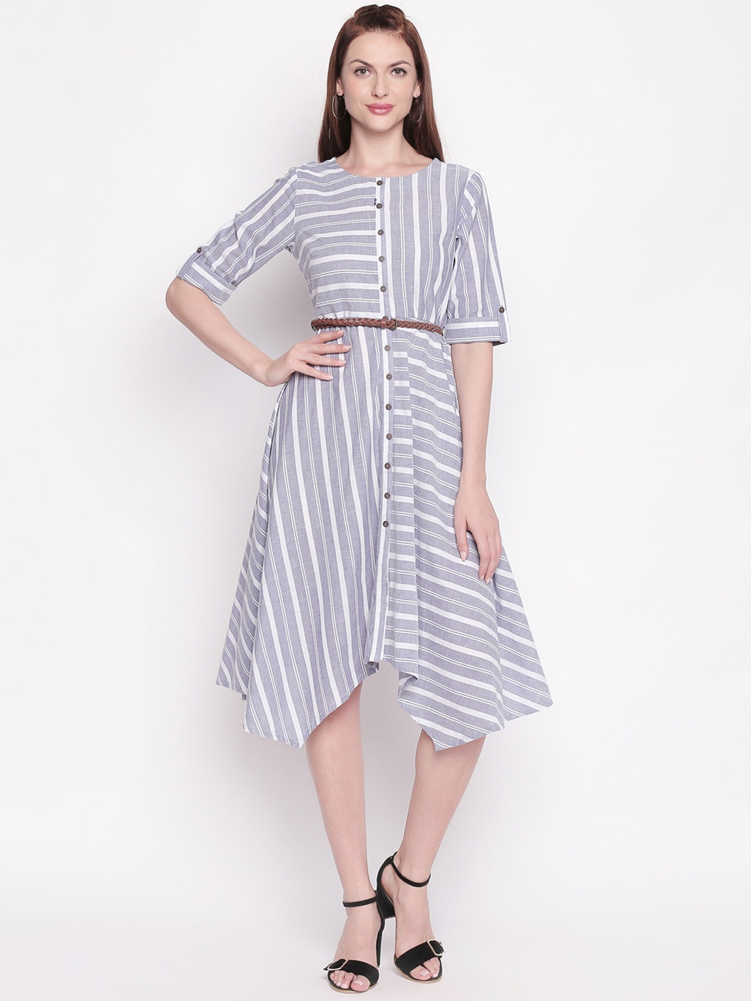 

AKKRITI BY PANTALOONS Women Grey & White Striped Fit and Flare Dress