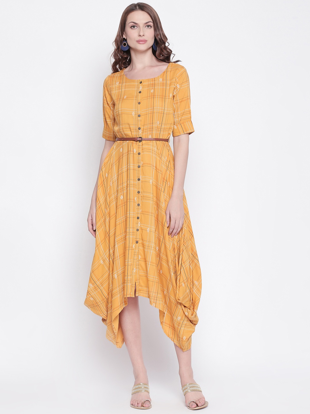 

AKKRITI BY PANTALOONS Women Mustard Yellow & White Yellow Checked Fit and Flare Dress