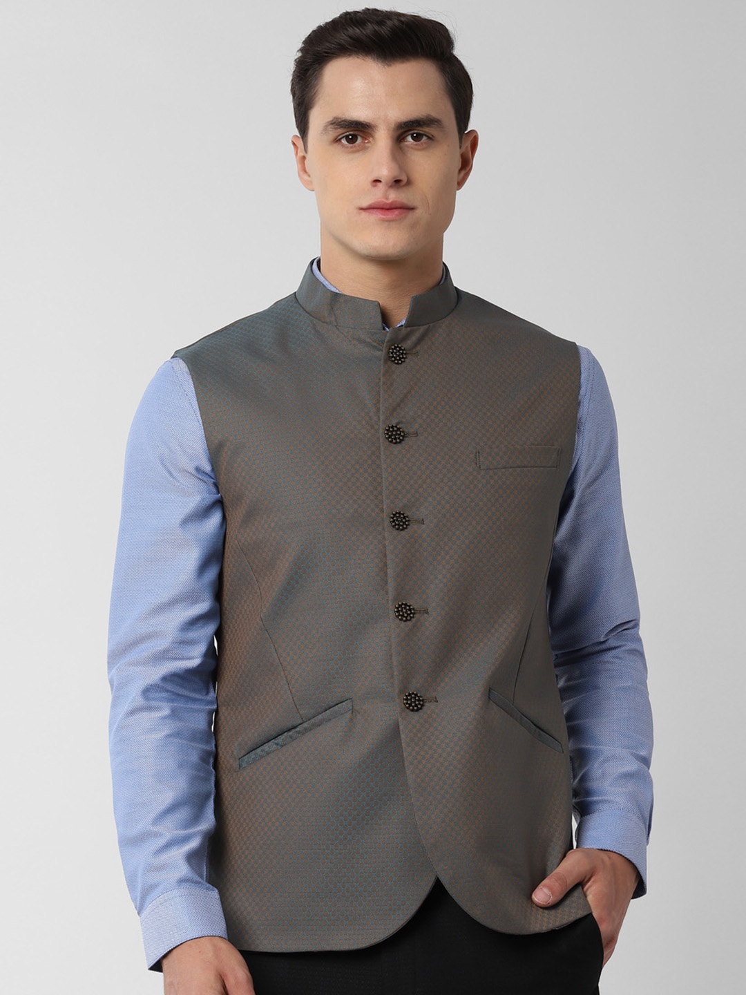 

Peter England Men Grey & Blue Woven Design Nehru Jacket