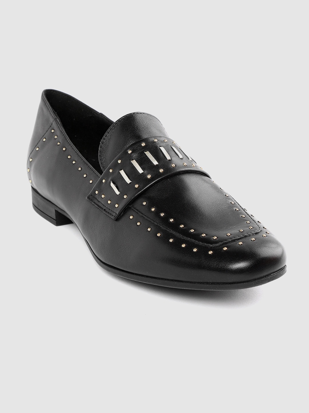 

Geox Women Black & Gold-Toned Studded Leather Loafers