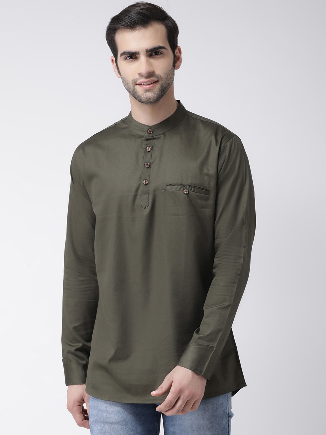 

SG LEMAN Men Olive Green Solid Straight Kurta