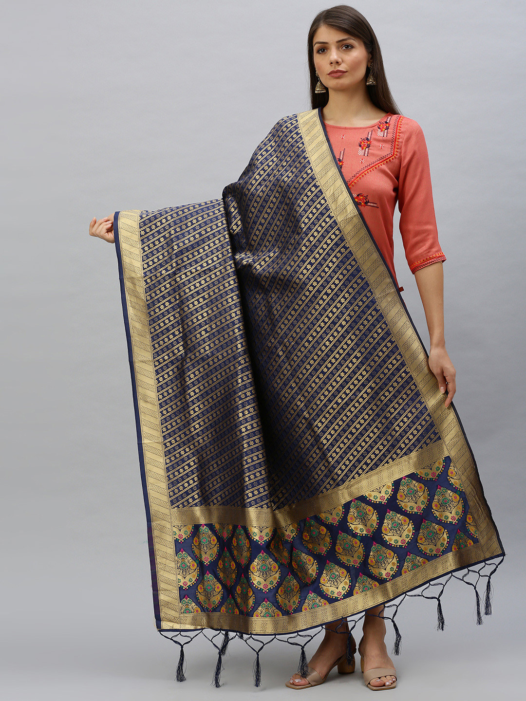 

MIMOSA Navy Blue & Gold-Toned Banarasi Woven Design Dupatta