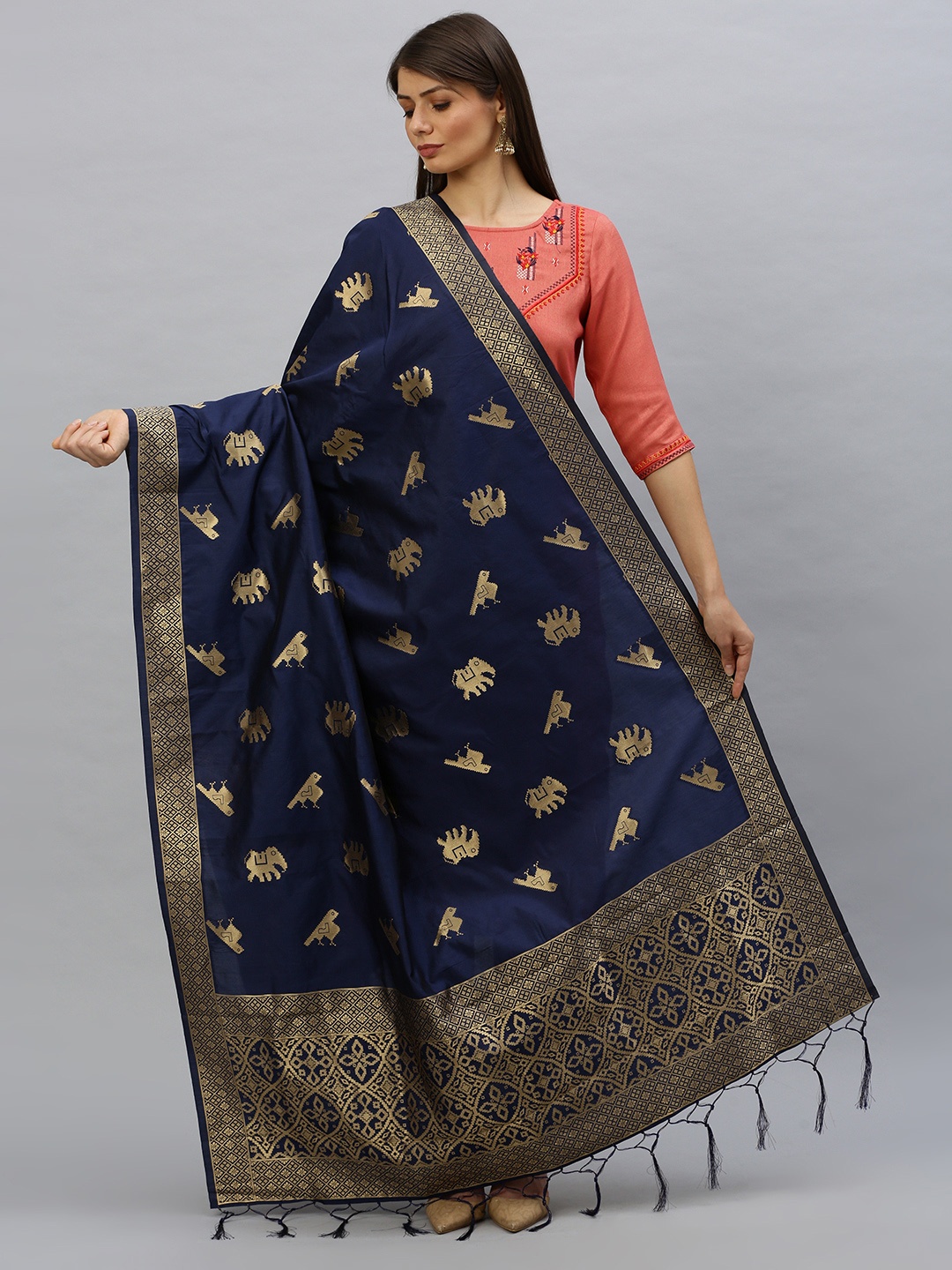 

MIMOSA Navy Blue & Gold-Toned Banarasi Woven Design Dupatta