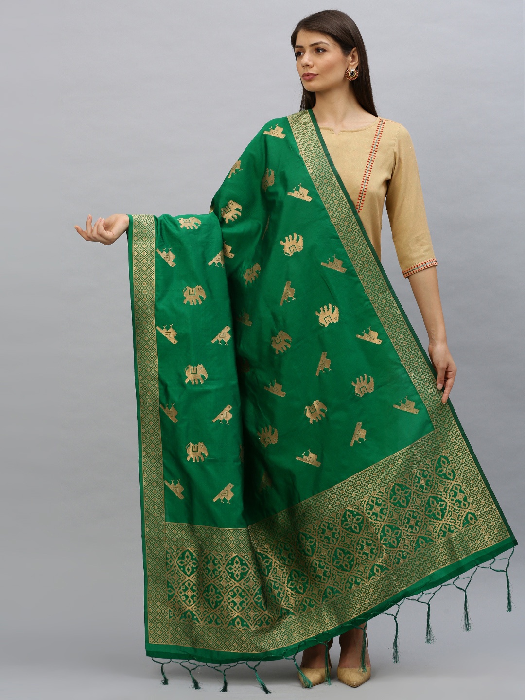 

MIMOSA Green & Gold-Toned Banarasi Woven Design Dupatta