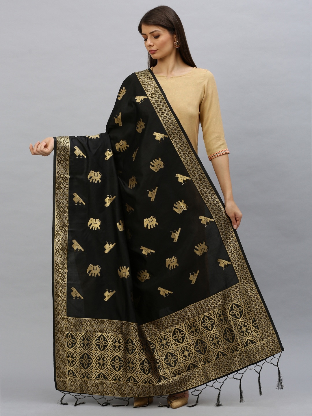 

MIMOSA Black & Gold-Toned Woven Design Banarasi Art Silk Dupatta