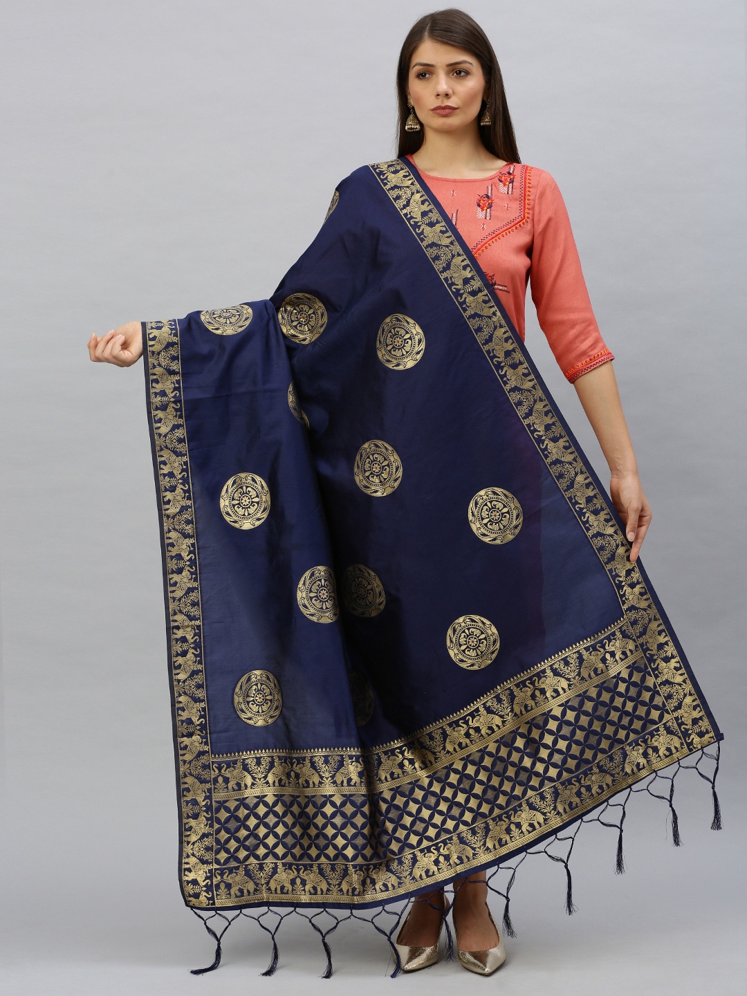 

MIMOSA Navy Blue Woven Design Banarasi Art Silk Dupatta