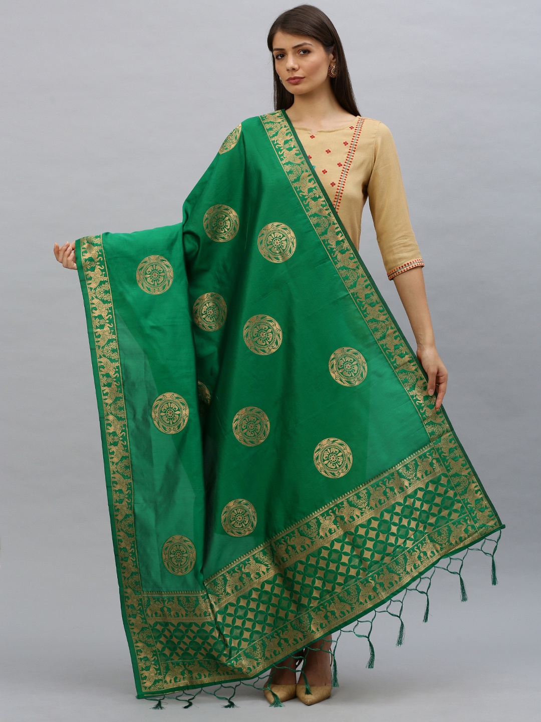 

MIMOSA Green & Gold-Toned Woven Design Banarasi Art Silk Dupatta
