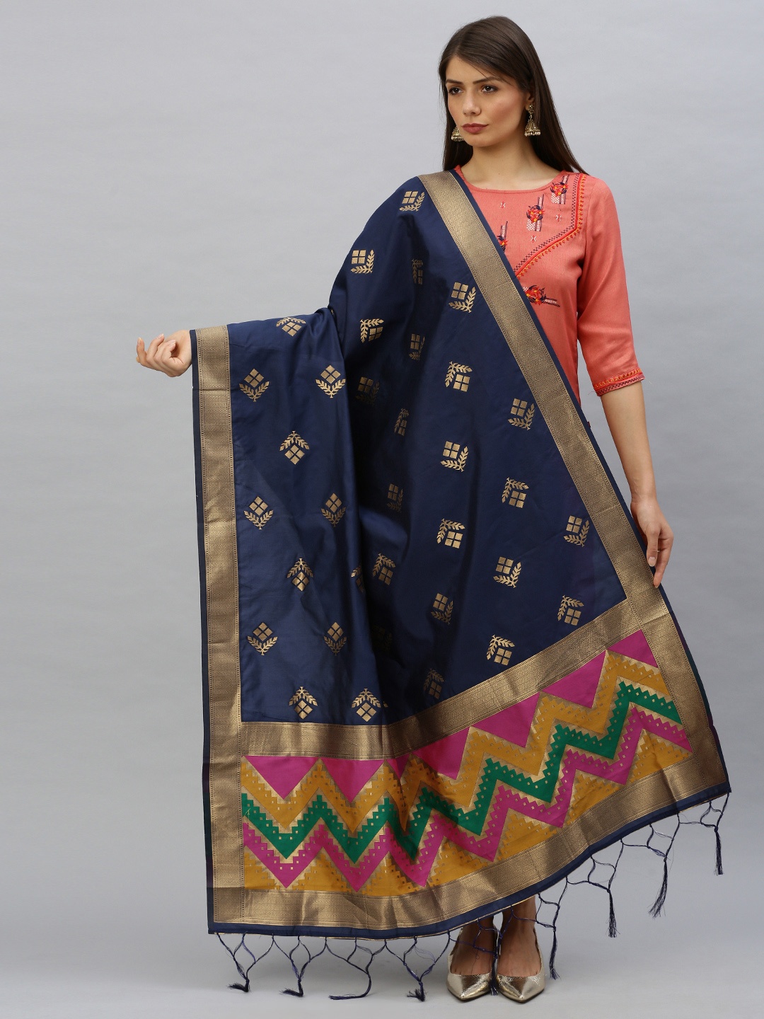 

MIMOSA Navy Blue & Gold-Toned Woven Design Dupatta