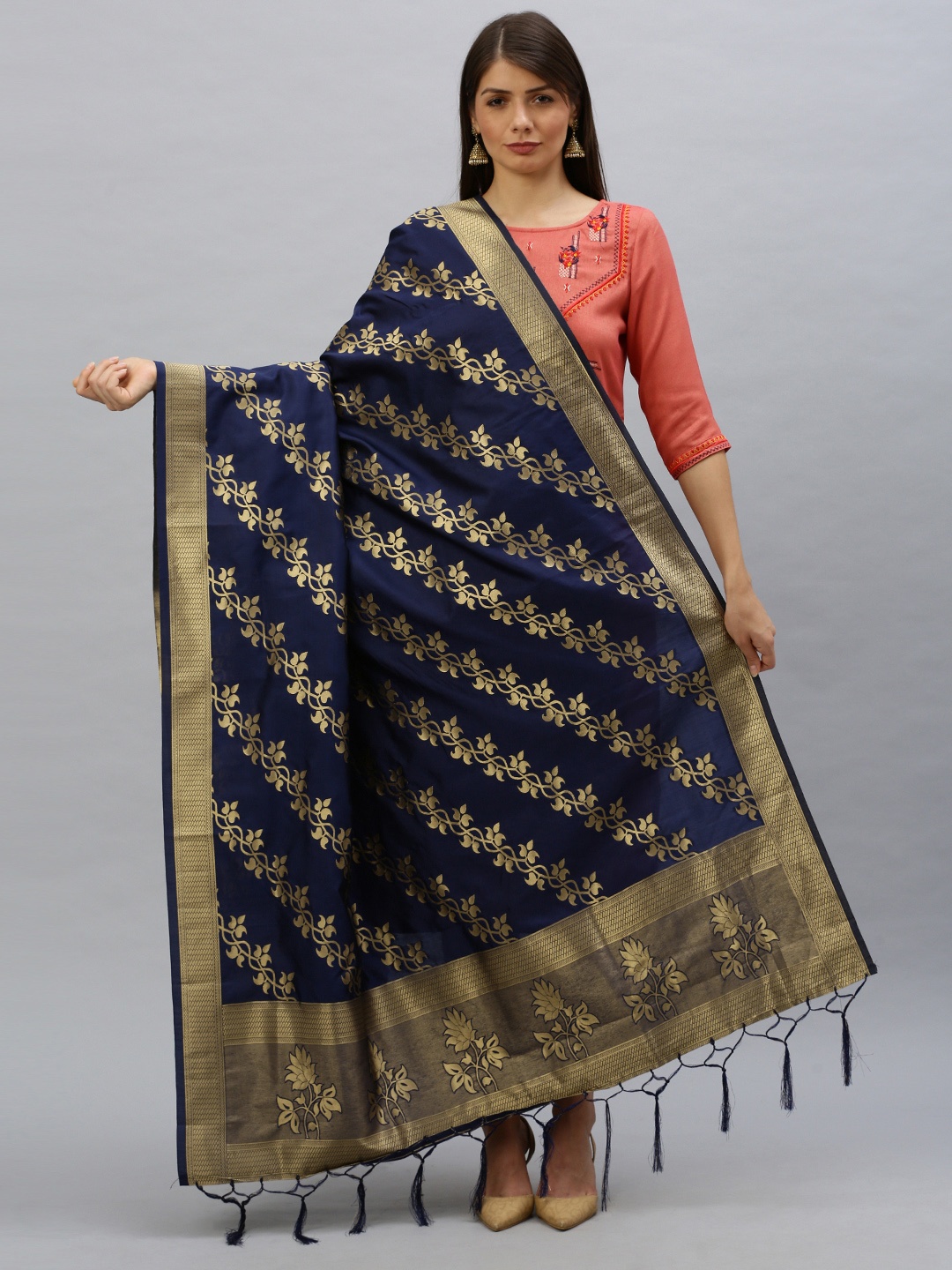 

MIMOSA Navy Blue & Gold-Toned Woven Design Dupatta