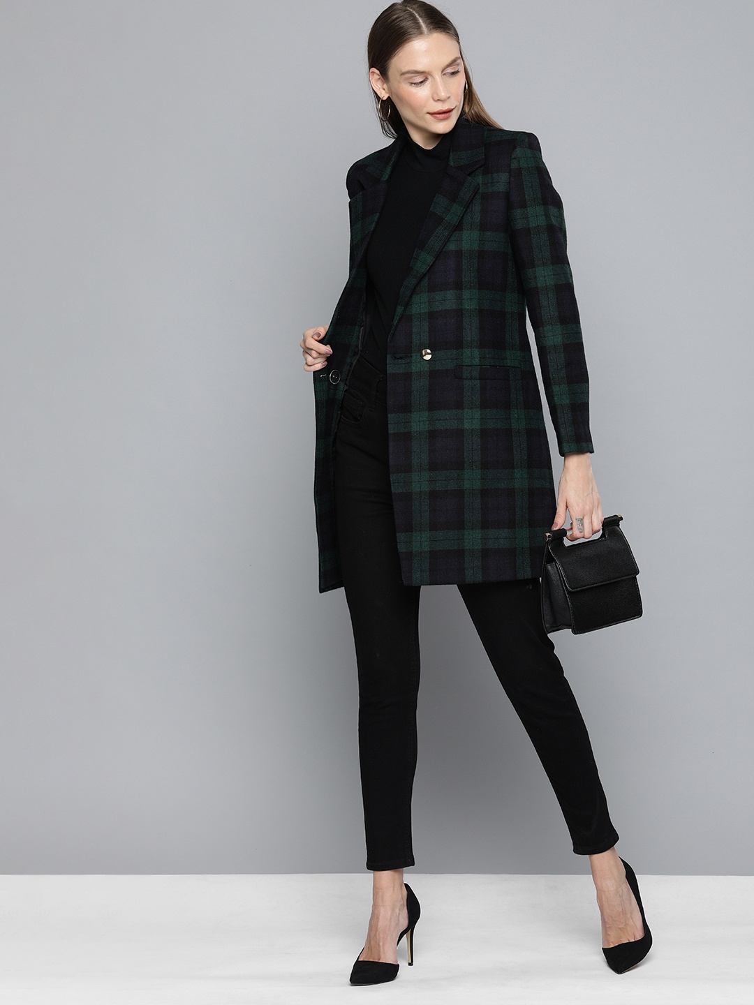 

Chemistry Women Navy Blue & Green Checked Longline Trench Coat